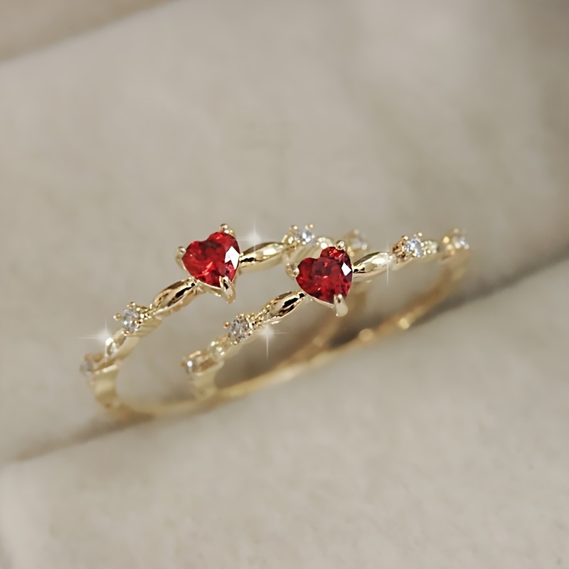 Heart Shaped Red Stone Engagement Ring Copper Single Stone Setting Plating